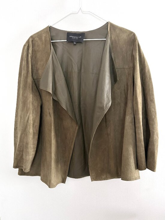 Lafayette 148 New York Jackets & Blazers - Lafayette 148 New York Olive Suede Leather Open Front Jacket Size L Luxury Drape